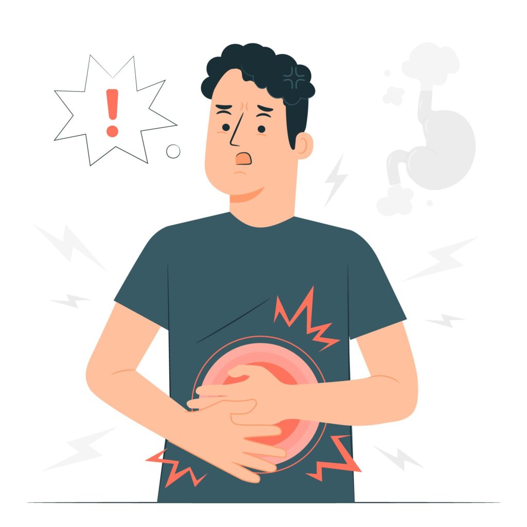 Desenho de homem com dor abdominal, possível sinal de gastrite, infecção ou problema intestinal.