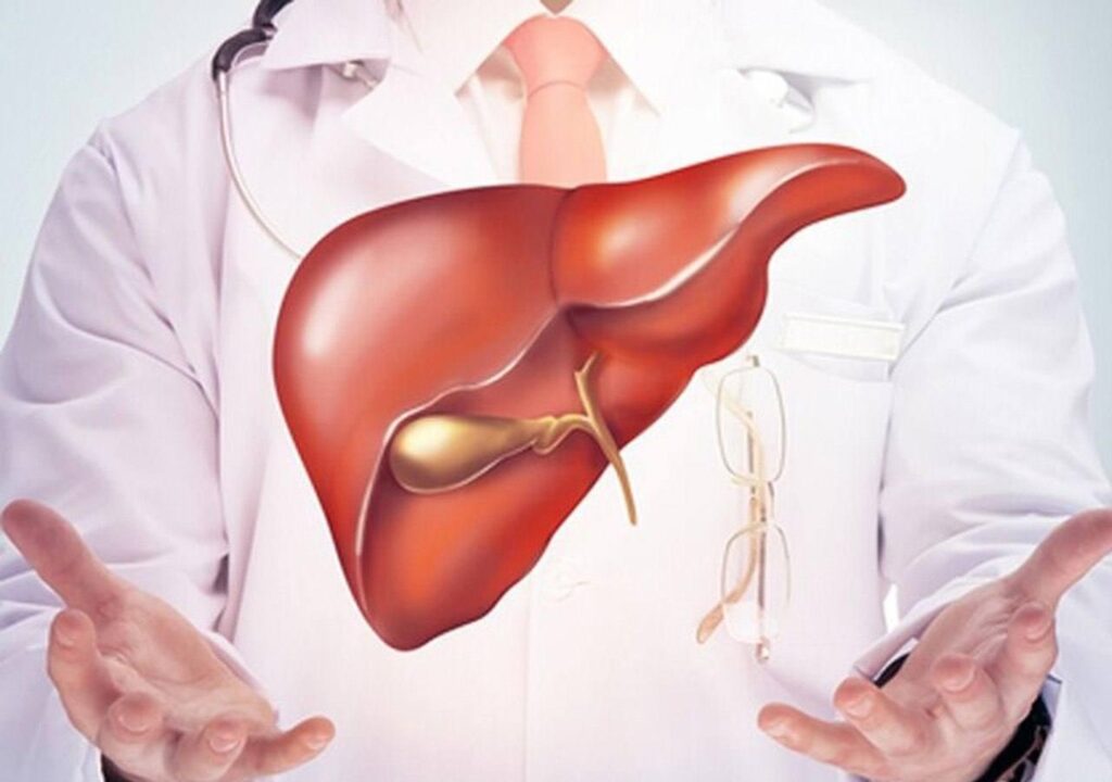 Imagem de um médico vestindo jaleco branco com um estetóscopio no pescoço. Sobreposto ao peito do médico, aparece uma ilustração do fígado humano em destaque, incluindo a vesícula biliar. A imagem representa o cuidado médico com a saúde do fígado.