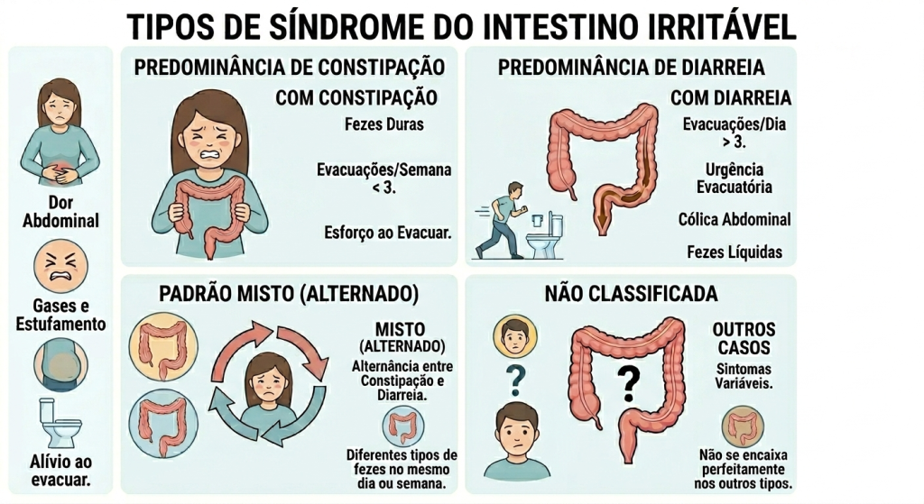 Infográfico ilustrado sobre os tipos de Síndrome do Intestino Irritável (SII). A imagem é dividida em quatro blocos principais: Predominância de Constipação (com ícone de esforço e fezes duras), Predominância de Diarreia (com ícone de urgência e fezes líquidas), Padrão Misto (mostrando a alternância entre os dois estados) e Não Classificada (para sintomas variáveis). À esquerda, uma coluna exibe sintomas comuns como dor abdominal, gases, estufamento e alívio ao evacuar.