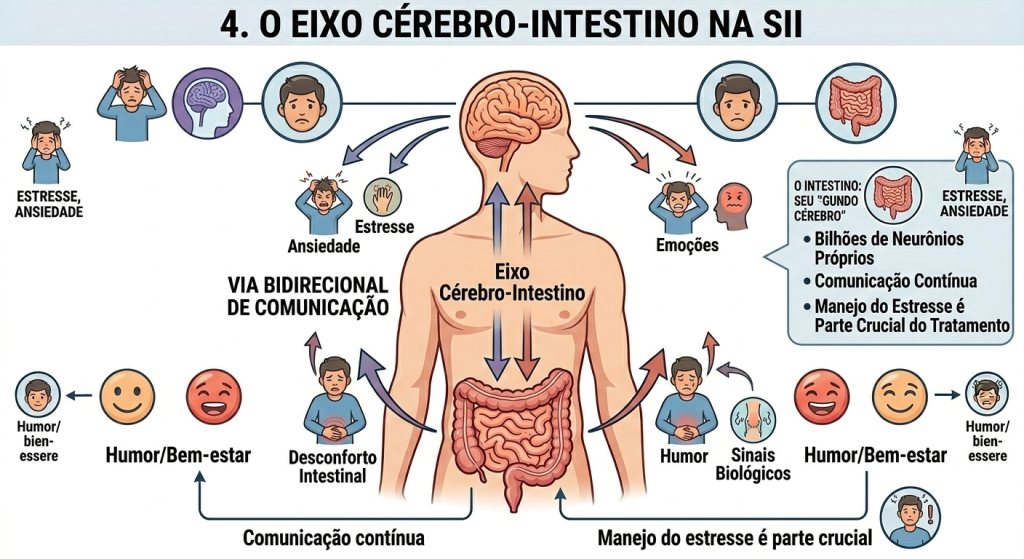 Infográfico sobre o eixo cérebro-intestino na Síndrome do Intestino Irritável. A imagem mostra o cérebro e o intestino conectados por setas indicando comunicação bidirecional. Destaca a influência de estresse, ansiedade e emoções nos sintomas intestinais, além do impacto do desconforto abdominal no humor e bem-estar. Inclui a informação de que o intestino possui bilhões de neurônios próprios e que o manejo do estresse é parte fundamental do tratamento.