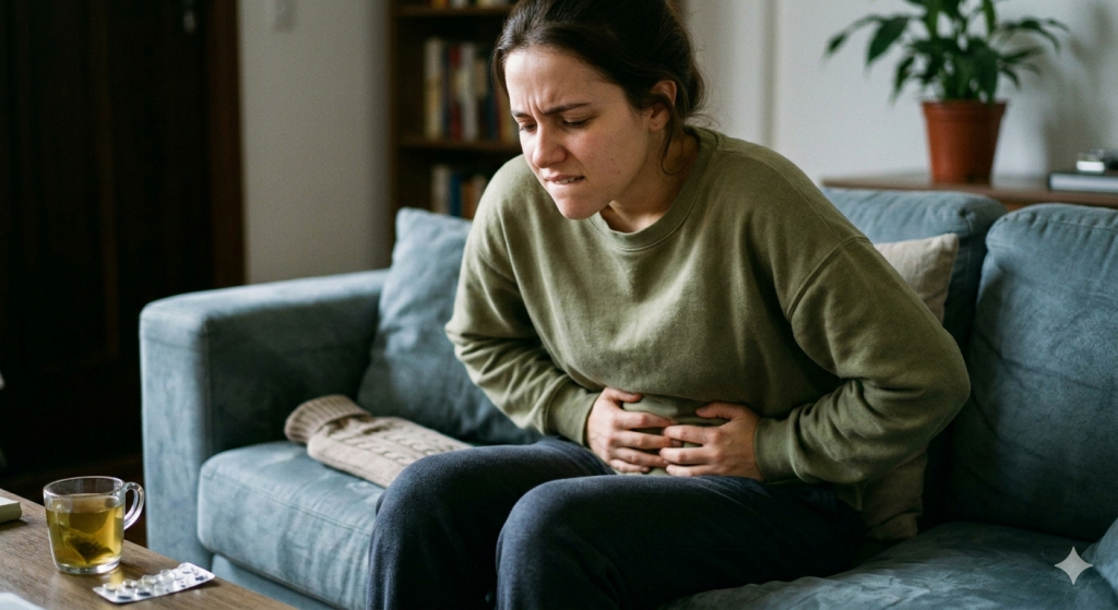 Mulher jovem sentada no sofá com as mãos no abdômen, demonstrando dor e desconforto físico. Ao lado, chá e medicamentos.