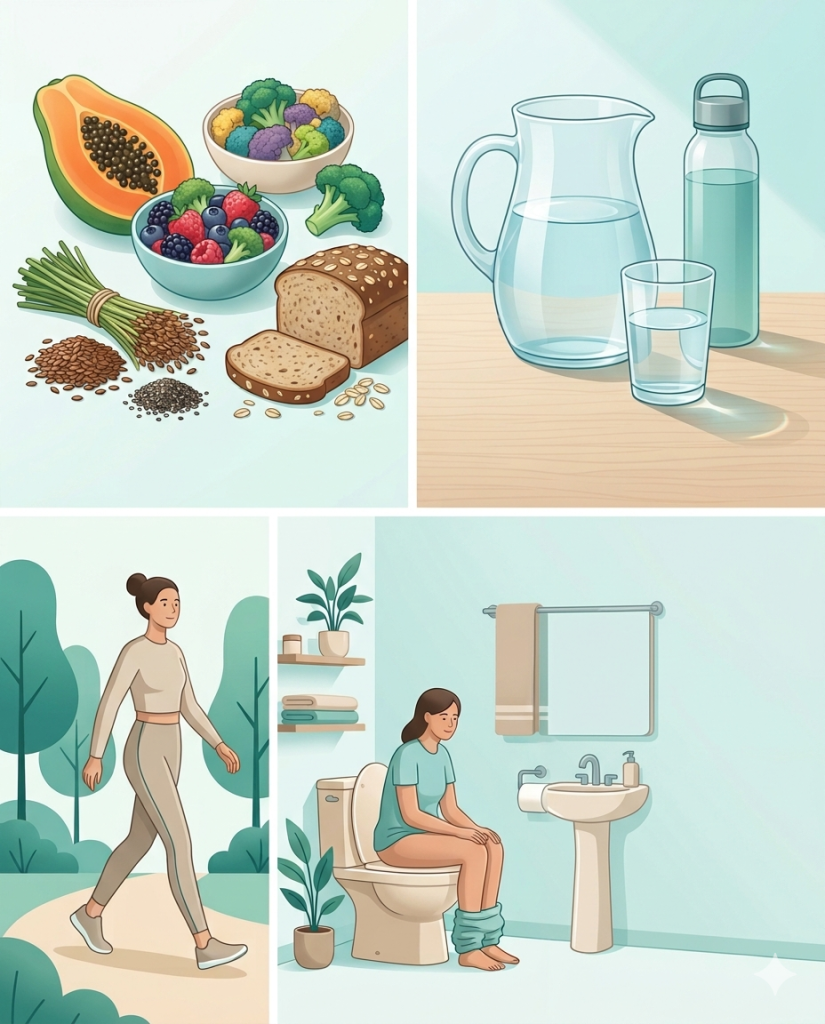 Infográfico médico dividido em quatro quadros ilustrando hábitos para saúde intestinal: 1) Alimentos ricos em fibras como mamão, brócolis, aveia e sementes; 2) Hidratação com jarra e copo de água; 3) Prática de atividade física representada por uma mulher caminhando ao ar livre; 4) Uma mulher sentada no vaso sanitário em um ambiente de banheiro limpo e tranquilo, simbolizando a rotina intestinal saudável. Cores em tons de verde-água e bege