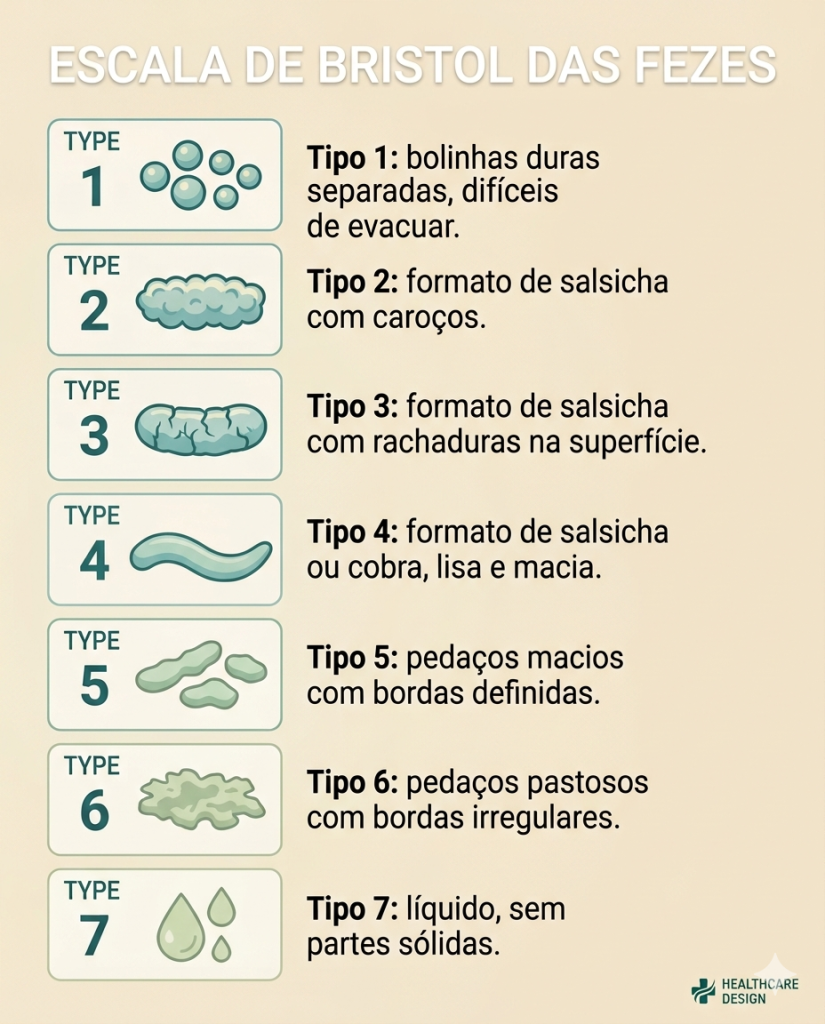 Infográfico da Escala de Bristol das Fezes em português. A imagem apresenta sete tipos de fezes numerados de 1 a 7, com ilustrações minimalistas em tons de verde e bege. O Tipo 1 mostra bolinhas duras (constipação severa), o Tipo 4 mostra formato de salsicha lisa e macia (ideal) e o Tipo 7 mostra fezes totalmente líquidas (diarreia). O design é limpo, profissional e voltado para educação em saúde digestiva