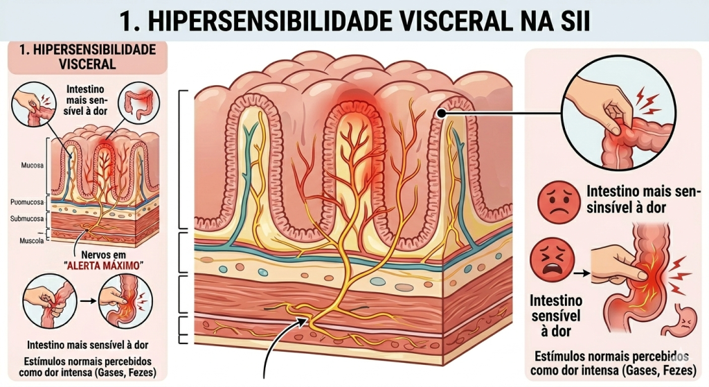 Ilustração explicativa sobre hipersensibilidade visceral na Síndrome do Intestino Irritável. A imagem mostra um corte da parede do intestino com destaque para mucosa, submucosa, camada muscular e terminações nervosas em “alerta máximo”. Os nervos aparecem mais sensíveis, indicando que estímulos normais, como gases e fezes, são percebidos como dor intensa. Há ícones ilustrando dor abdominal e aumento da sensibilidade intestinal.