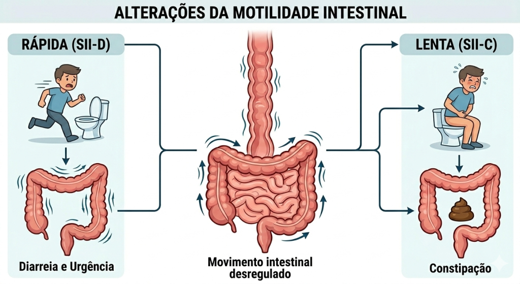Ilustração educativa mostrando alterações da motilidade intestinal na Síndrome do Intestino Irritável. À esquerda, SII-D com intestino em movimento acelerado, pessoa correndo para o banheiro e indicação de diarreia e urgência. No centro, intestino com movimento desregulado. À direita, SII-C com trânsito intestinal lento, pessoa sentada no vaso com dificuldade e imagem indicando constipação.