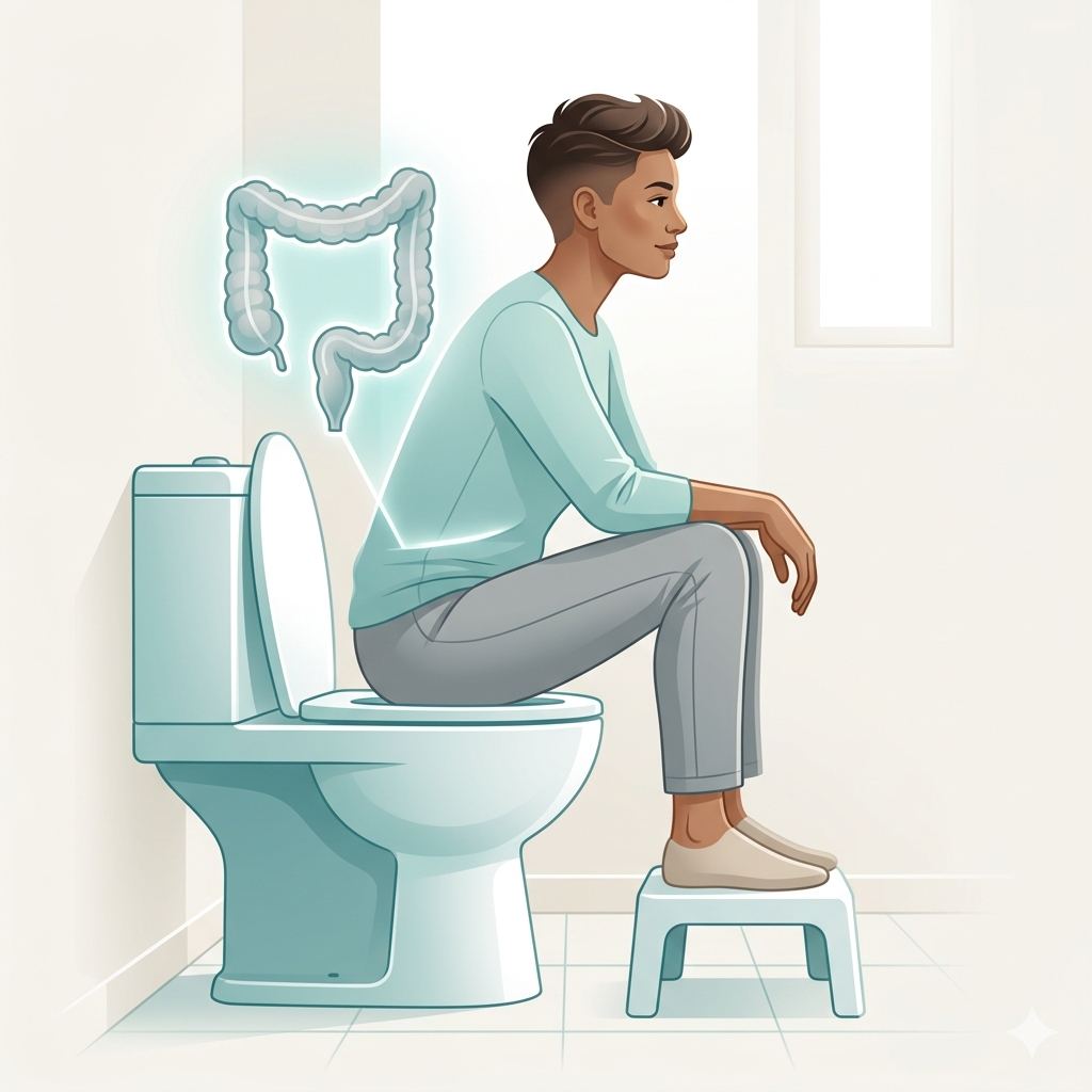 Ilustração médica educativa em tons de azul e verde-água mostrando a postura correta para evacuar. Uma pessoa está sentada no vaso sanitário com o tronco inclinado para frente e os pés elevados em um apoio, alinhando os joelhos acima do quadril. Uma sobreposição estilizada do intestino grosso em transparência demonstra como essa posição facilita o trânsito intestinal e o alívio da constipação