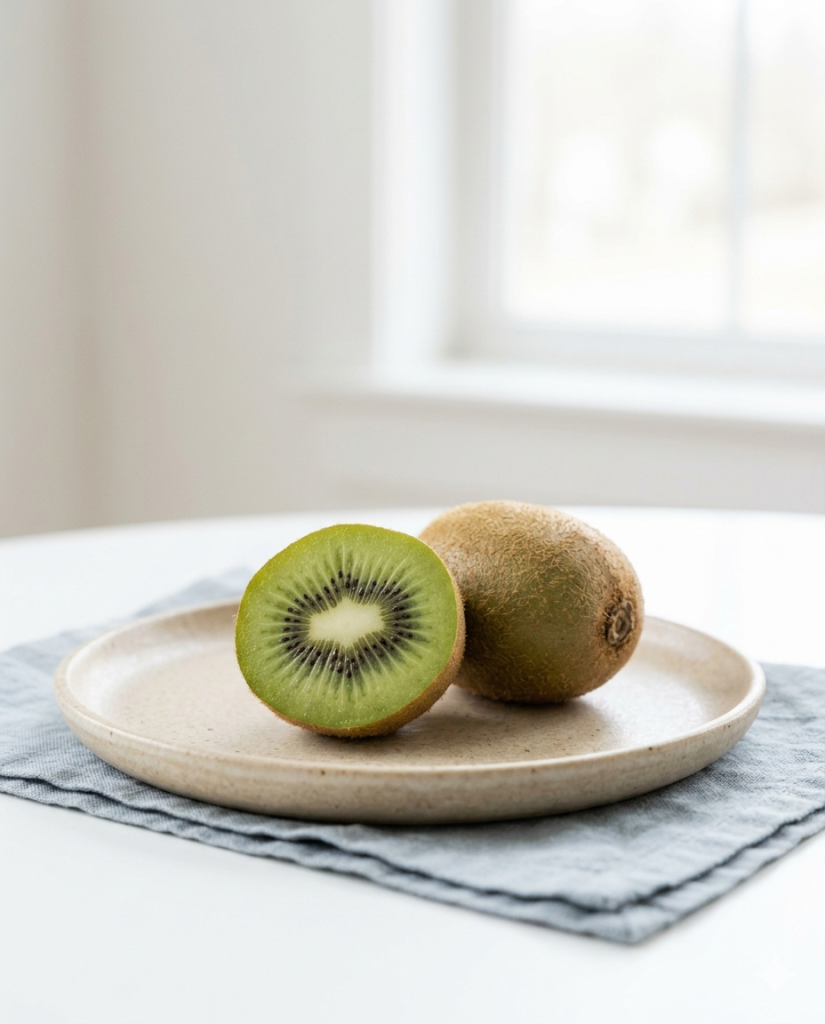 Fotografia minimalista de um kiwi fresco cortado ao meio, destacando sua polpa verde e sementes. O alimento está posicionado sobre uma superfície clara com tons de azul suave ao fundo, representando uma opção natural e saudável para o auxílio no trânsito intestinal e alívio da constipação
